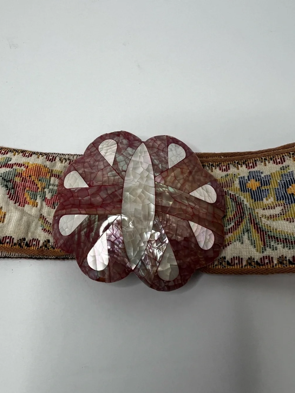 Vintage Tapestry Belt Mosaic Shell Buckle Floral Maroon Cream Grandmacore Boho